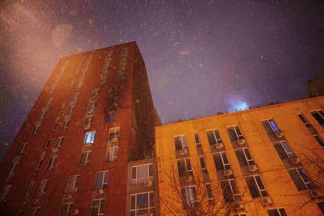 A residential building damaged by a Russian strike on Kyiv, Ukraine