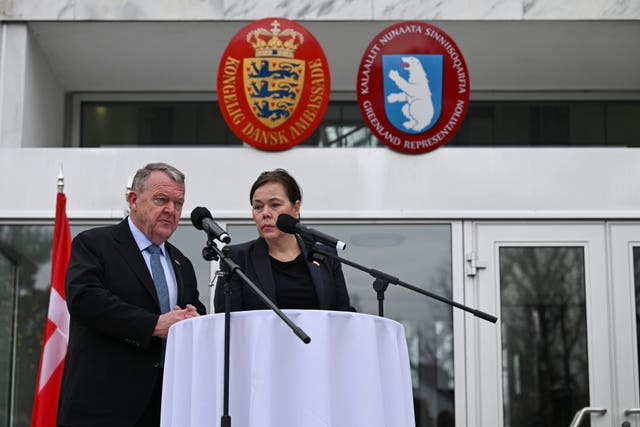 Denmark’s foreign minister Lars Lokke Rasmussen and Greenland’s foreign minister Vivian Motzfeldt speak at a news conference in Washington