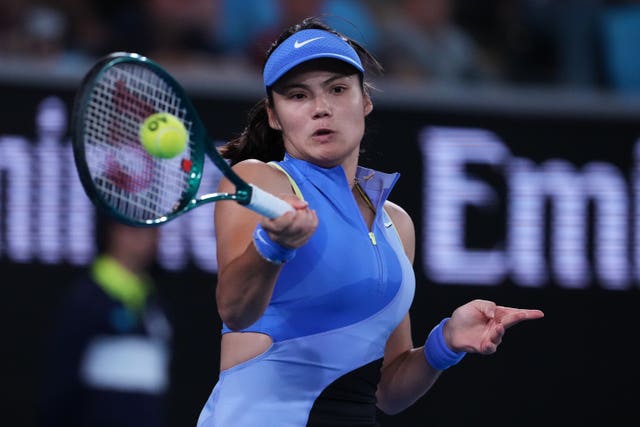 Emma Raducanu hits a forehand