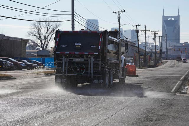 A Nashville Department of Transportation vehicle applies salt brine to a road in Tennessee 