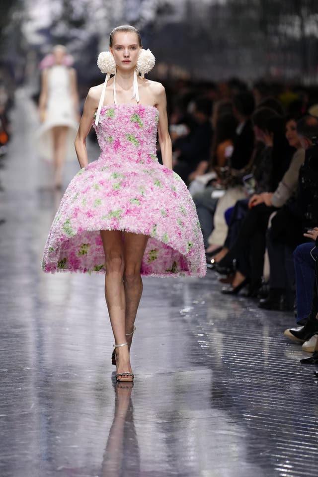 A model wears a creation as part of the Christian Dior Spring/Summer 2026 Haute Couture collection presented in Paris, Monday, Jan. 26, 2026. (AP Photo/Aurelien Morissard) Christian Dior S/S 2026