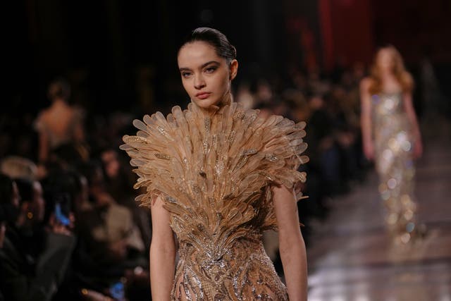 A model wears a creation as part of the Elie Saab Spring/Summer 2026 Haute Couture collection presented in Paris,