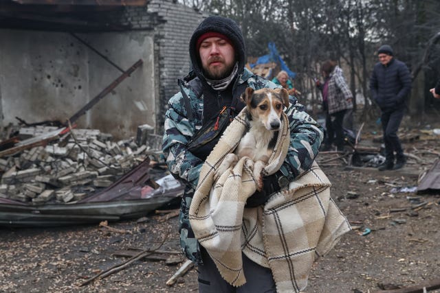 People evacuate wounded dogs after a Russian aerial strike hit a stray dog shelter in Zaporizhzhia, Ukraine 
