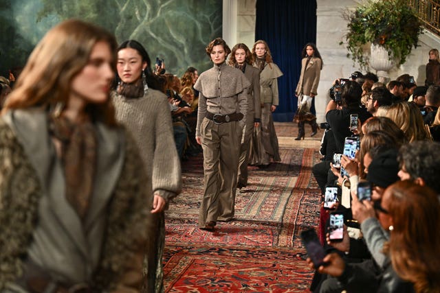Models walk the runway during the Ralph Lauren Fall/Winter 2026 fashion show as part of New York Fashion Week, Tuesday, Feb. 10, 2026, in New York