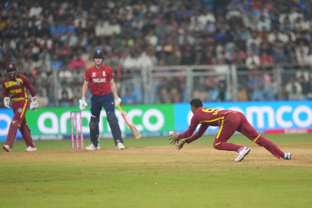 Gudakesh Motie takes a catch to dismiss Harry Brook