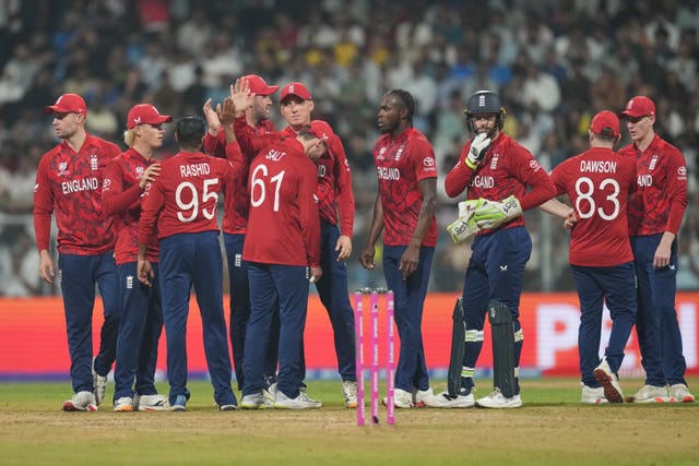 England celebrate a wicket