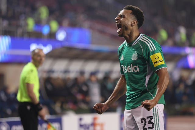 Newcastle’s Jacob Murphy celebrates after scoring his side’s sixth goal during the Champions League play-off, first leg at Qarabag