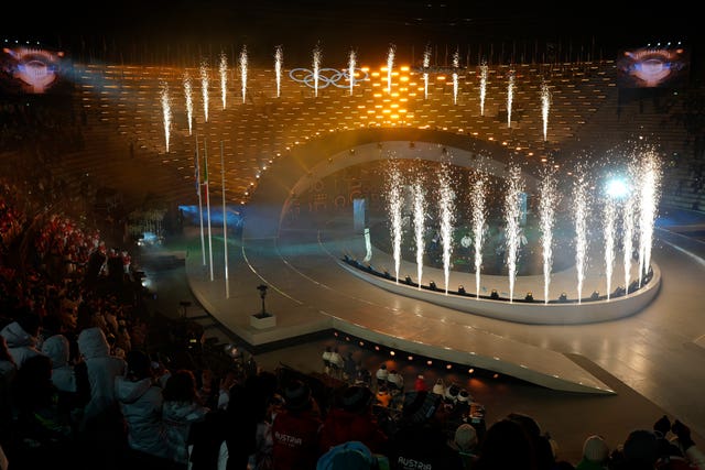 Fireworks light up during the closing ceremony of the 2026 Winter Olympics