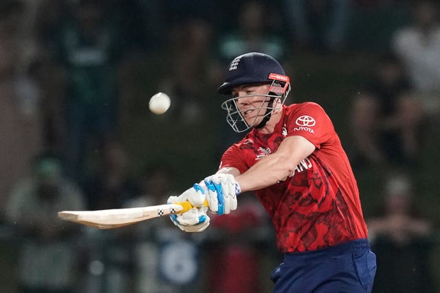 England captain Harry Brook hits a six over his shoulder during his century against Pakistan