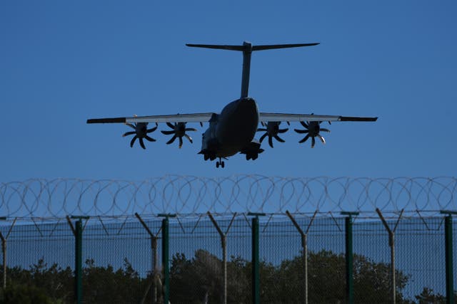 A transport aircraft arrives at RAF Akrotiri air base near Limassol on Cyprus 