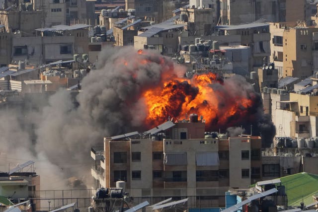Flames rise after an Israeli airstrike in Dahiyeh Beirut’s southern suburbs