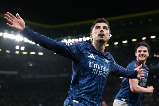 Arsenal’s Kai Havertz celebrates after scoring at Sporting
