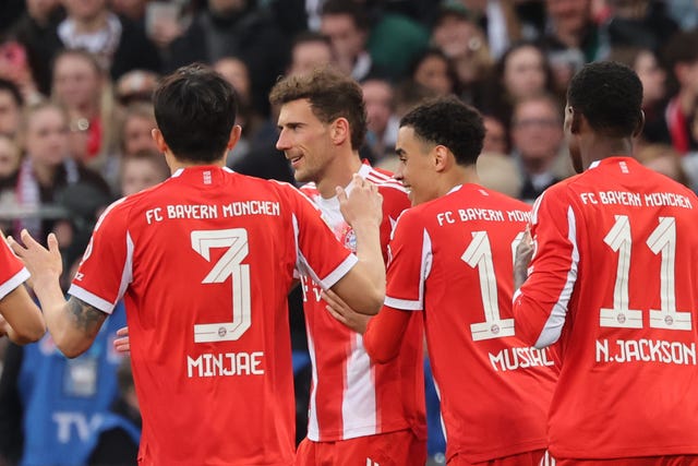 Bayern Munich&rsquo;s Leon Goretzka (second from left) celebrates with team-mates after scoring his side&rsquo;s second goal against St Pauli