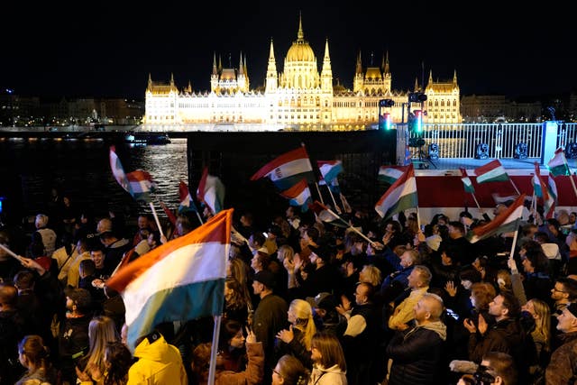 Supporters of Peter Magyar celebrate in Budapest 