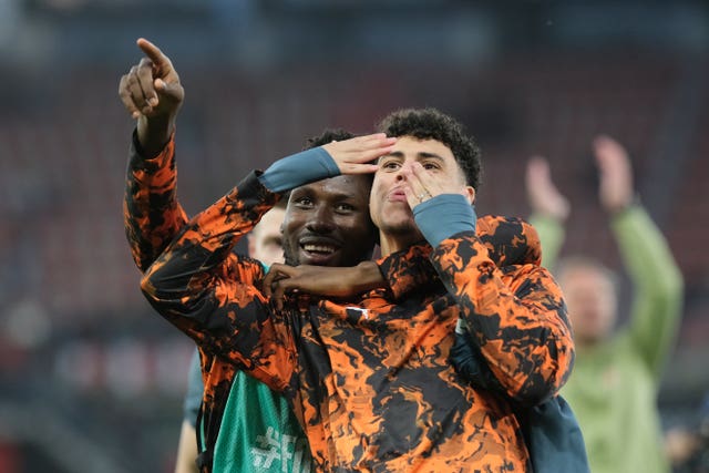 Shakhtar’s Lassina Traore, left, and Alaa Ghram celevrate after the Conference League second-leg quarterfinal soccer match between AZ Alkmaar and Shakhtar Donets