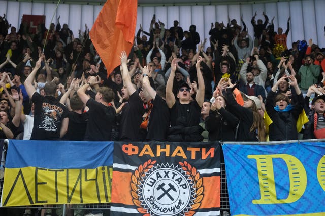 Shakkhtar fans celebrate during the Conference League quarter-final second leg against AZ Alkmaar in the Netherlands