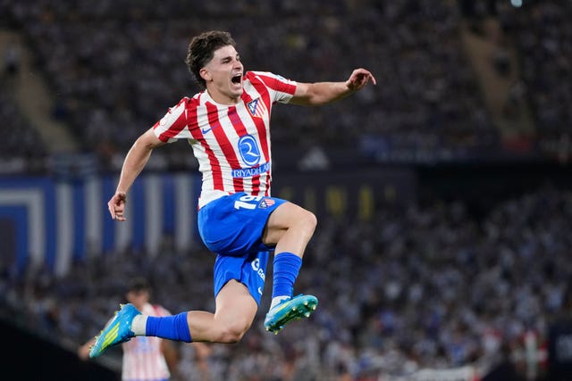 Atletico Madrid’s Julian Alvarez celebrates after scoring