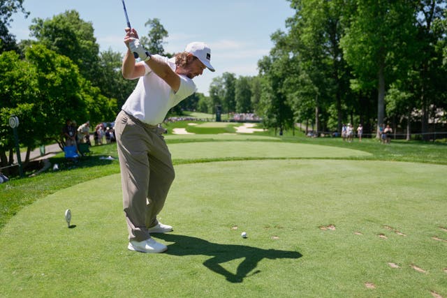 Tommy Fleetwood hits from the eighth tee during the first round of the Memorial golf tournament in Dublin, Ohio
