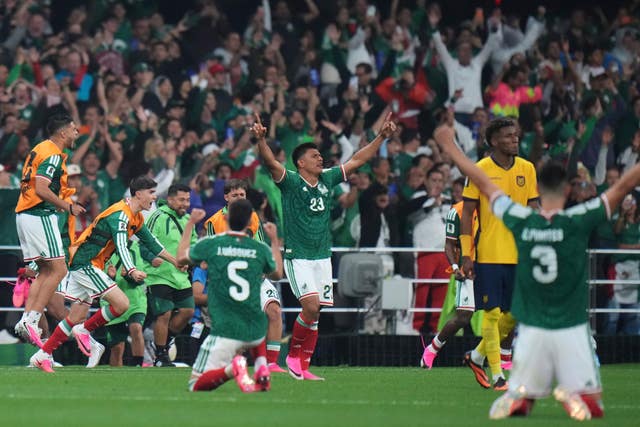 Mexico players and fans celebrate their last-32 win over Ecuador