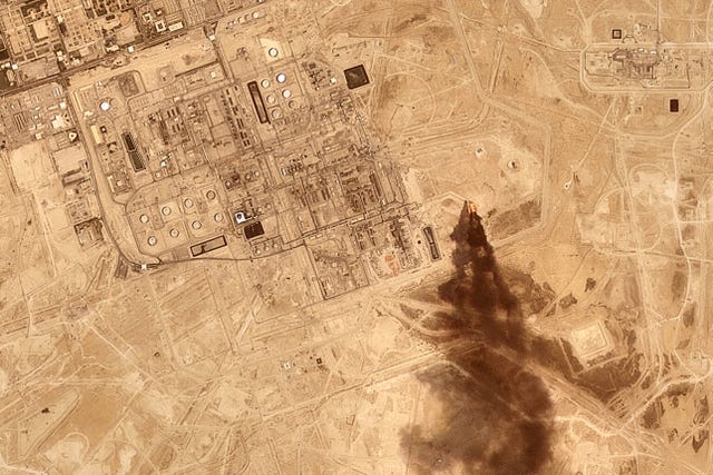 Smoke rising from the Saudi Aramco oil processing facility in Abqaiq, Saudi Arabia