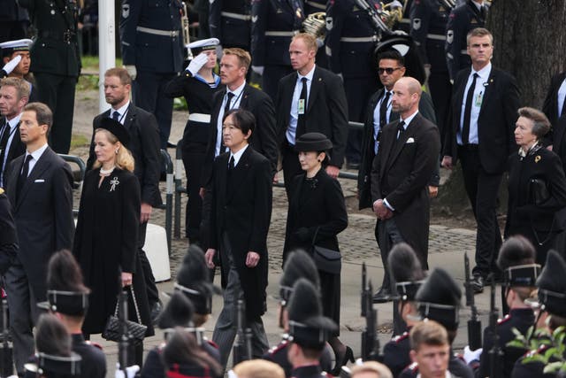 Liechtenstein’s Prince Alois and Princess Sophie, Japan’s Crown Prince Akishino and Crown Princess Kiko, the Prince of Wales and the Princess Royal during the procession