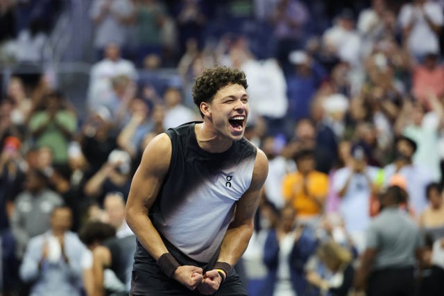 Ben Shelton celebrates after securing victory