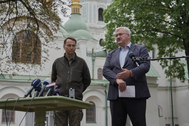Ukrainian foreign minister Andrii Sybiha, right, at a joint news conference with Poland’s foreign minister Radoslaw Sikorski