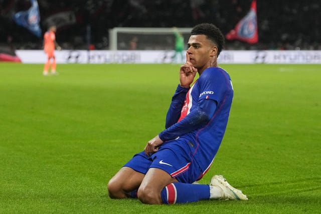 Desire Doue celebrates after scoring Paris St Germain’s opening goal against Barcelona