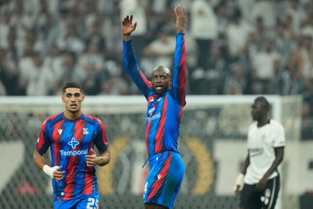 Crystal Palace’s Jean-Philippe Mateta, center, celebrates scoring his side’s second goal during the Europa League opening phase soccer match between Besiktas and Crystal Palace in Istanbul,